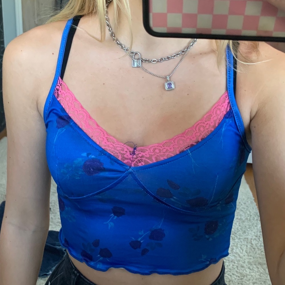 Blue and pink lace tank